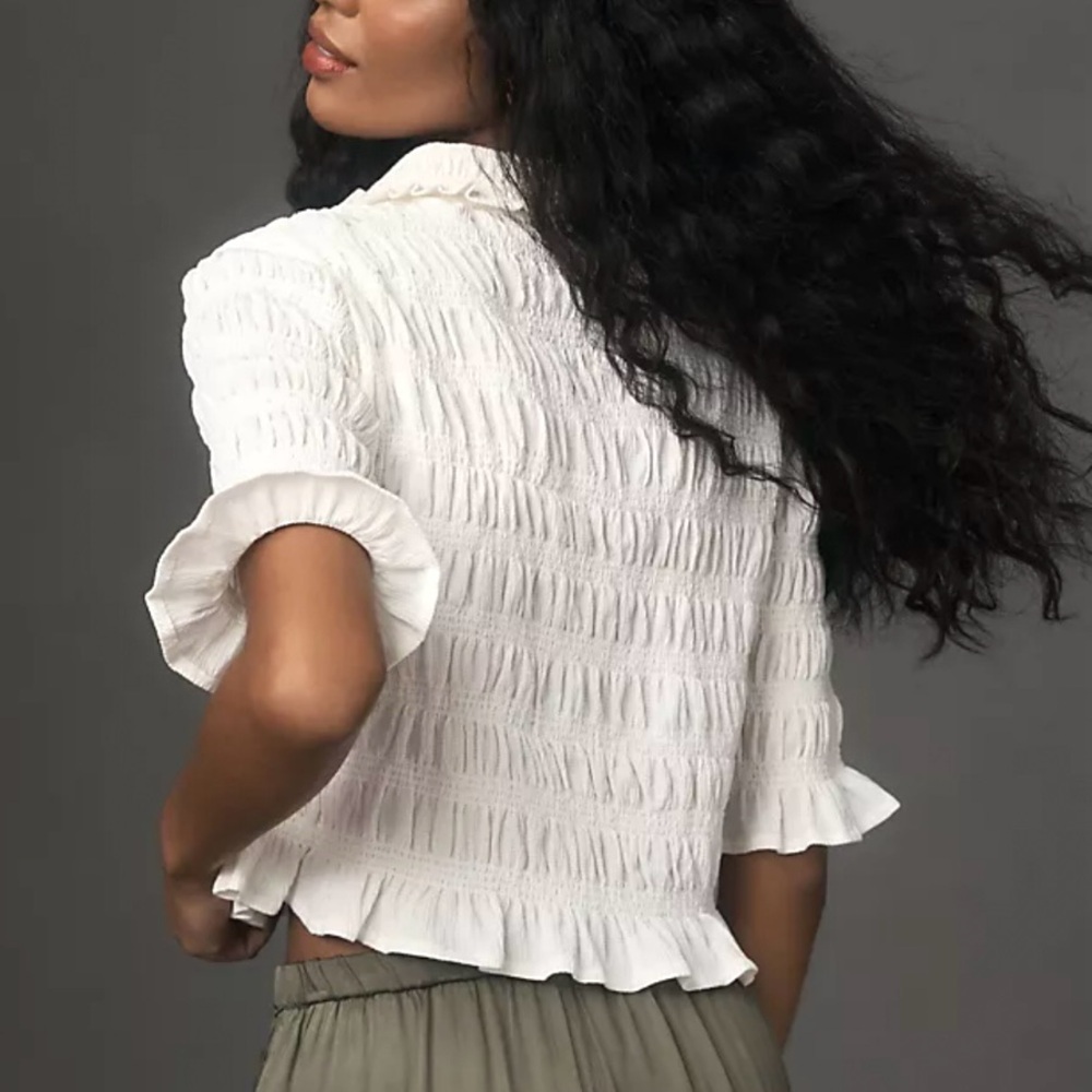 Anthropologie White Ruffled Button-Front Blouse - Picture 2 of 15